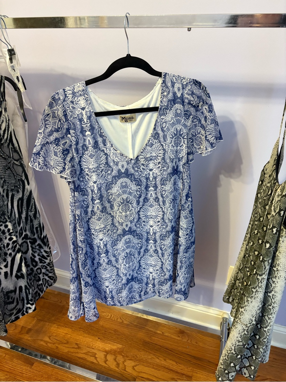 Show me your mumu blue and white patterned dress